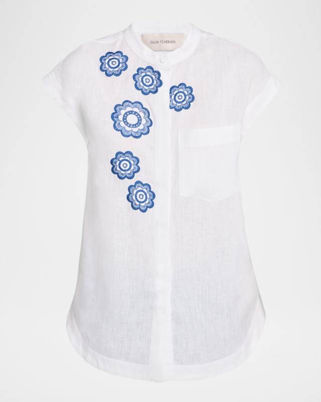 Adele Flower Embroidered Cap-Sleeve Linen Blouse